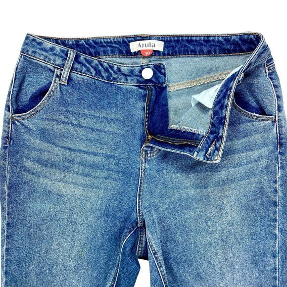 Arula High-Rise Jeans Sz 10 Blue Distressed Split Flare Leg Smart Casual Denim - Picture 4 of 15